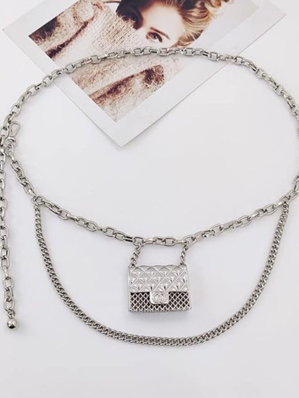 Y2K Silver Metal Chain Belt with Quilted Mini Micro Bag Charm